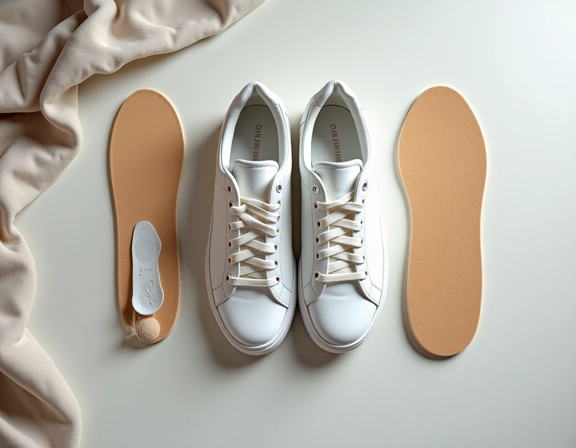 Vue de dessus d'une paire de baskets blanches entourée d'accessoires de confort : semelles orthopédiques, écarteur de chaussures et patches anti-ampoules