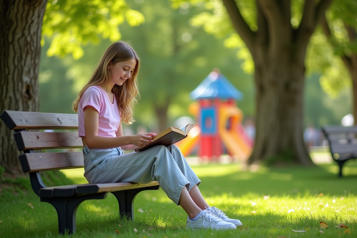 Adolescent lisant dans un parc ensoleille
