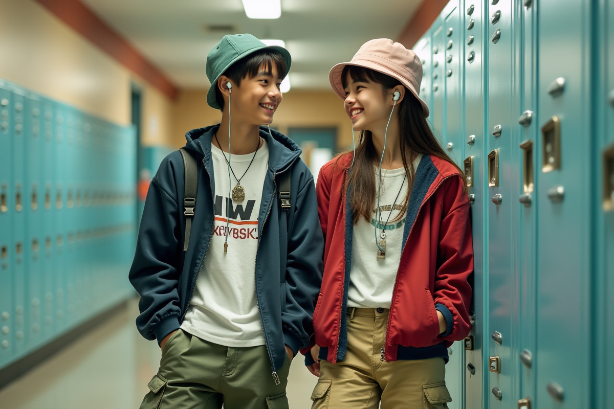 Adolescent garçon et fille écoutant de la musique dans un couloir