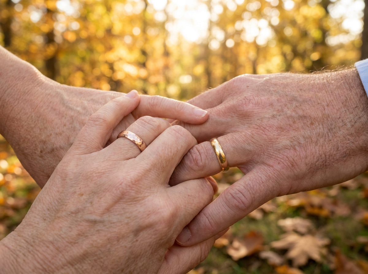 Mains de femme et d'homme réunies portant des alliances en or rose et or jaune en extérieur