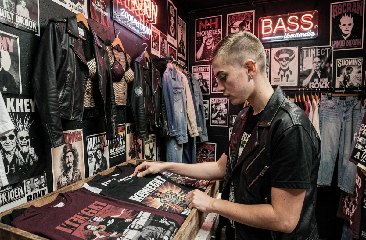 Boutique Alternative avec une jeune femme fouillant des T-shirts de groupe vintage dans un intérieur aux murs noirs couverts d'affiches punk