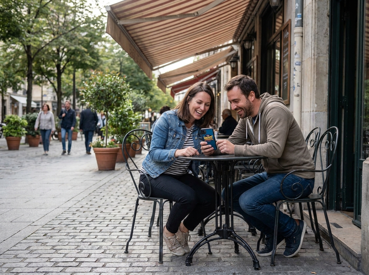 Deux amis adultes émus par le retour d'une série animée de leur enfance sur un smartphone en terrasse