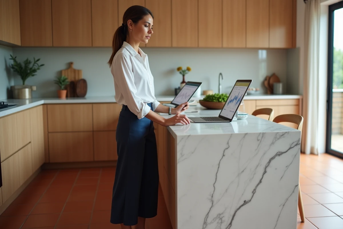 Femme analysant les statistiques de vente sur plusieurs plateformes en ligne depuis sa cuisine, pieds nus sur carrelage terracotta