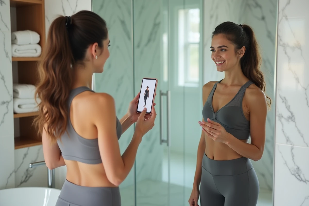 Jeune femme utilisant une application de silhouette virtuelle sur smartphone face à son reflet dans un miroir de salle de bain