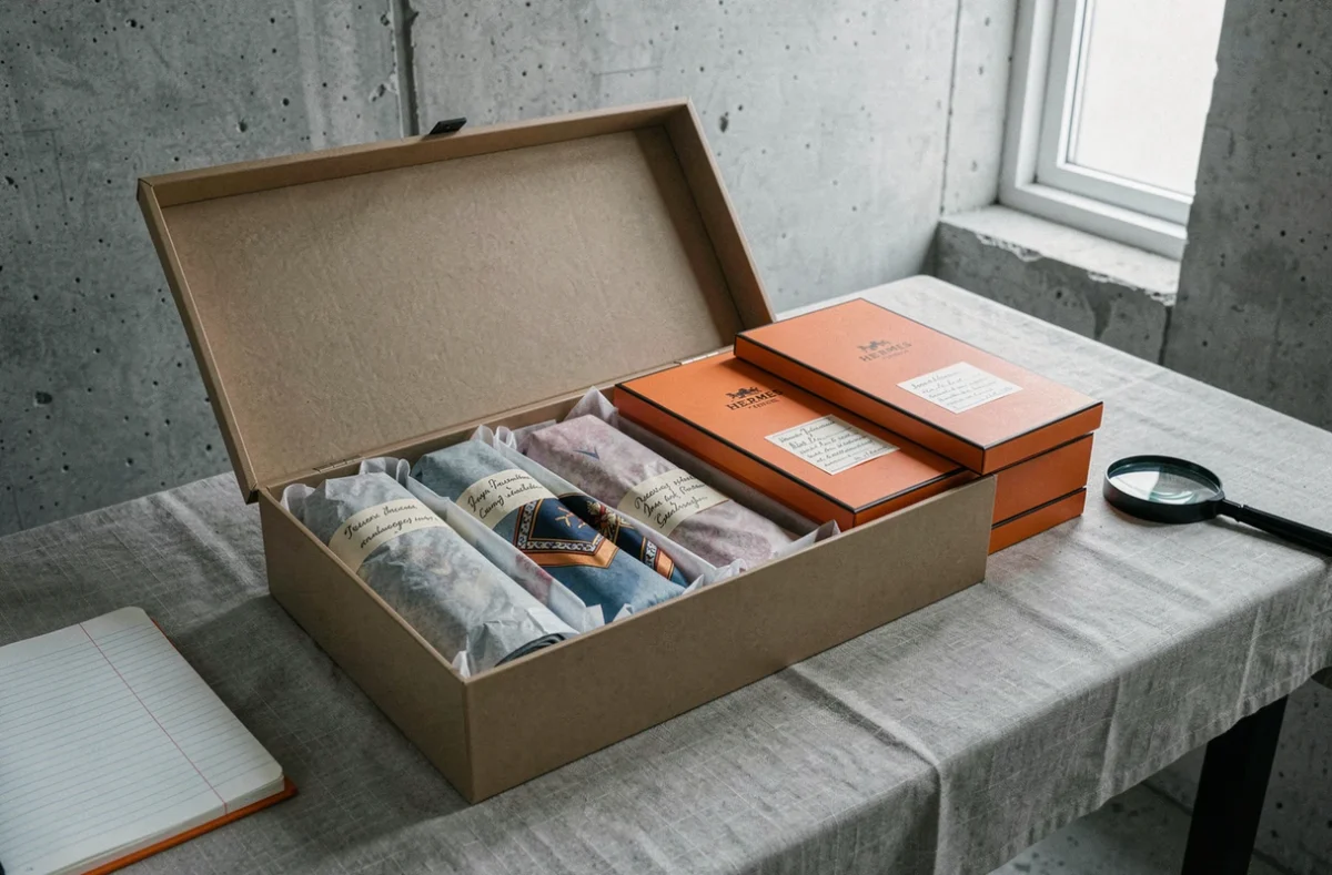 Boîte d'archivage ouverte contenant des carrés Hermès en soie enveloppés dans du papier de soie avec leurs boîtes oranges d'origine sur un bureau de collectionneur