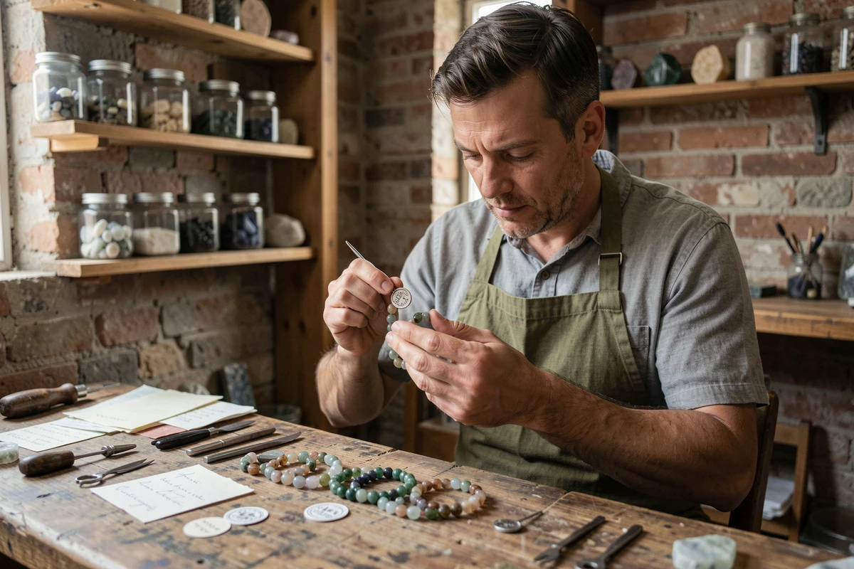 Artisan bijoutier examinant un bracelet pierre personnalisé pour homme dans un atelier de création avec outils et pierres naturelles