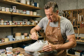 Artisan spécialiste en peinture sur chaussures appliquant de la peinture acrylique sur une sneaker blanche dans son atelier