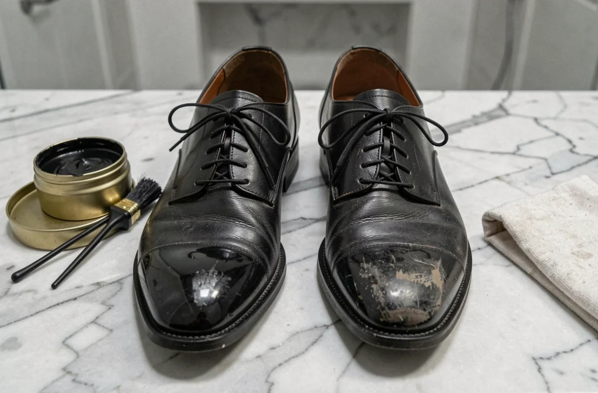 Comparaison avant et après le cirage de deux chaussures en cuir noir, posées sur un comptoir en marbre