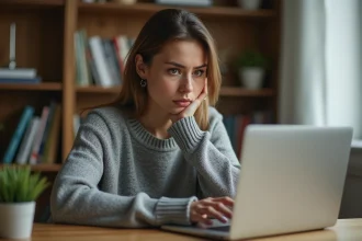 Femme consultant des avis clients sur la marque Bullrot depuis son bureau à domicile