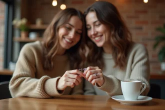 Deux amies portant des bagues cœur magnétiques BFF en argent qui s'attirent, assises dans un café cosy