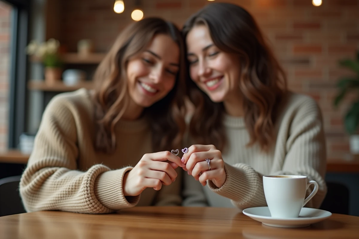 Deux amies portant des bagues cœur magnétiques BFF en argent qui s'attirent, assises dans un café cosy