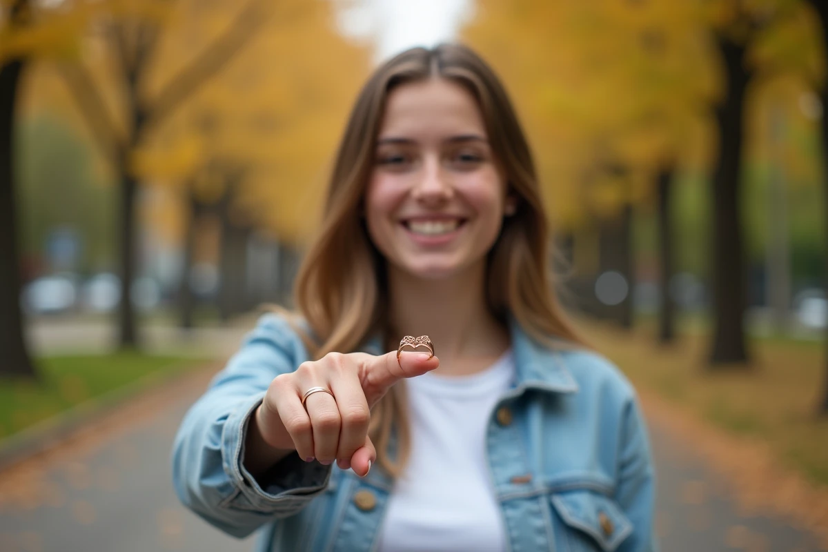 Jeune femme en veste en jean tenant une bague cœur magnétique BFF en or rose dans un parc en automne