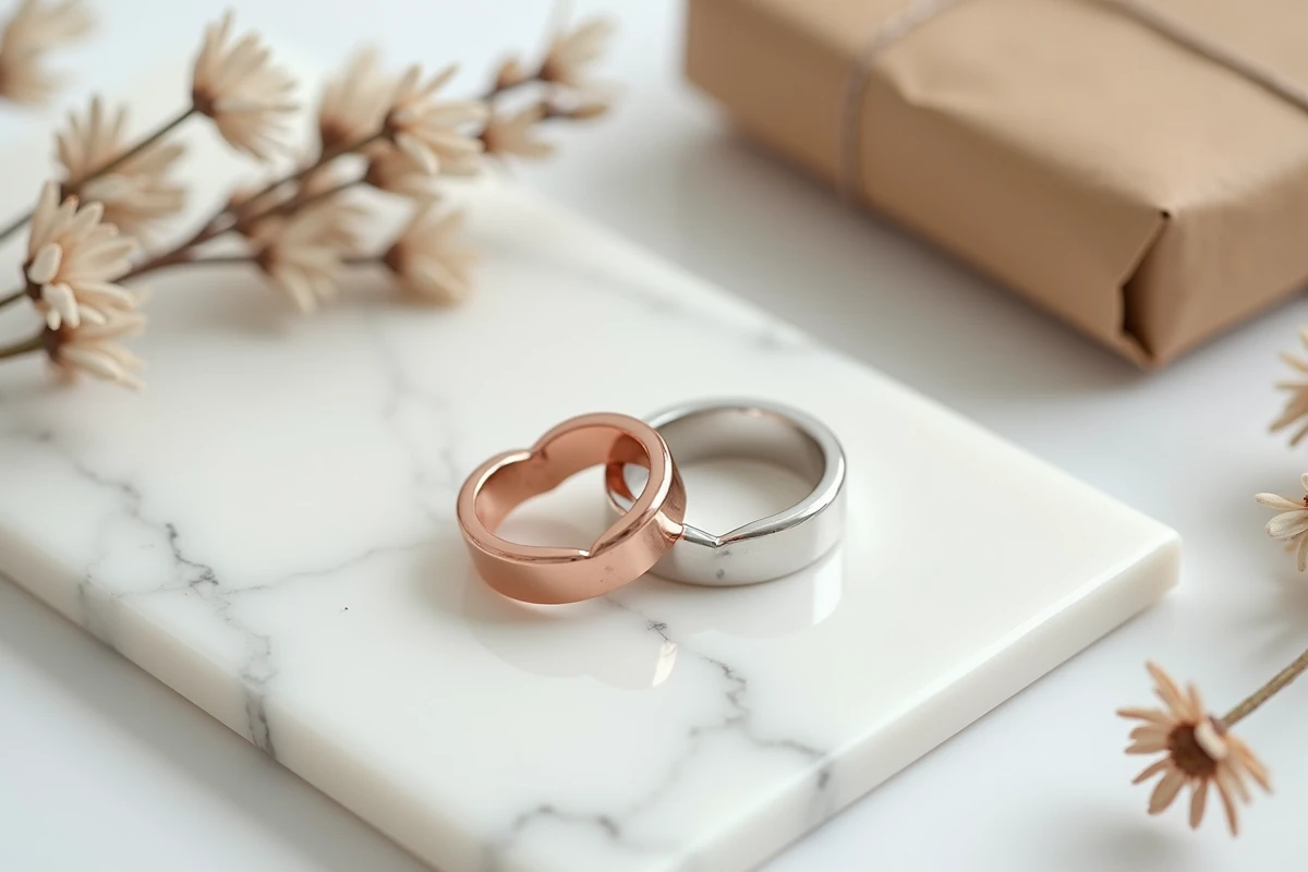 Gros plan de deux bagues cœur magnétiques BFF en or rose et argent posées sur marbre blanc avec décoration minimaliste