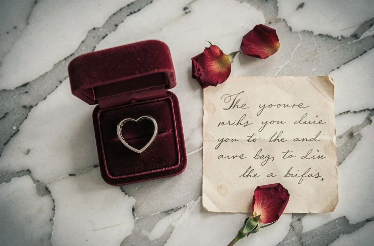 Bague coeur magnétique gravée dans un écrin en velours bordeaux sur marbre, avec billet doux et pétales de rose séchés