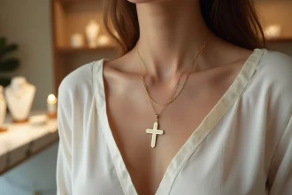 Femme portant un bijou croix en or sur une chaîne courte de 40 cm, mise en valeur sur un décolleté en blouse ivoire dans une bijouterie parisienne