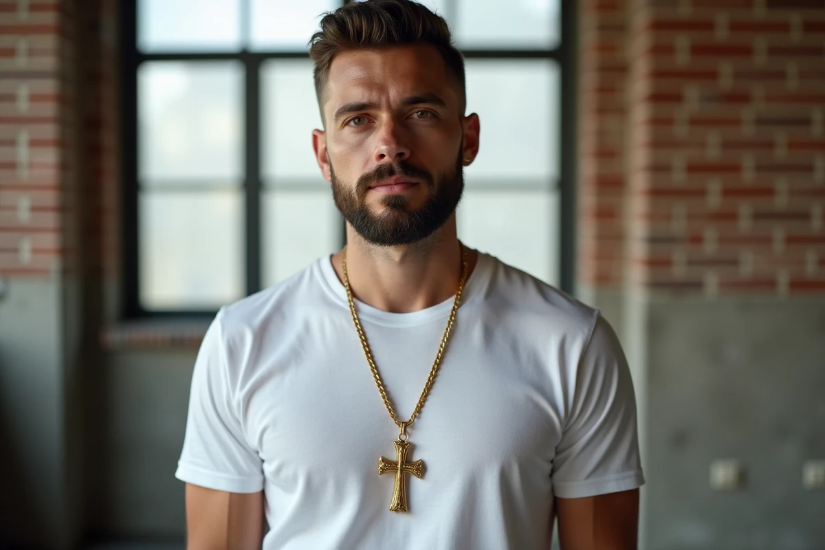 Homme barbu portant une grande croix en or sur chaîne longue de 55 cm au milieu du torse, en t-shirt blanc dans un loft urbain avec briques apparentes