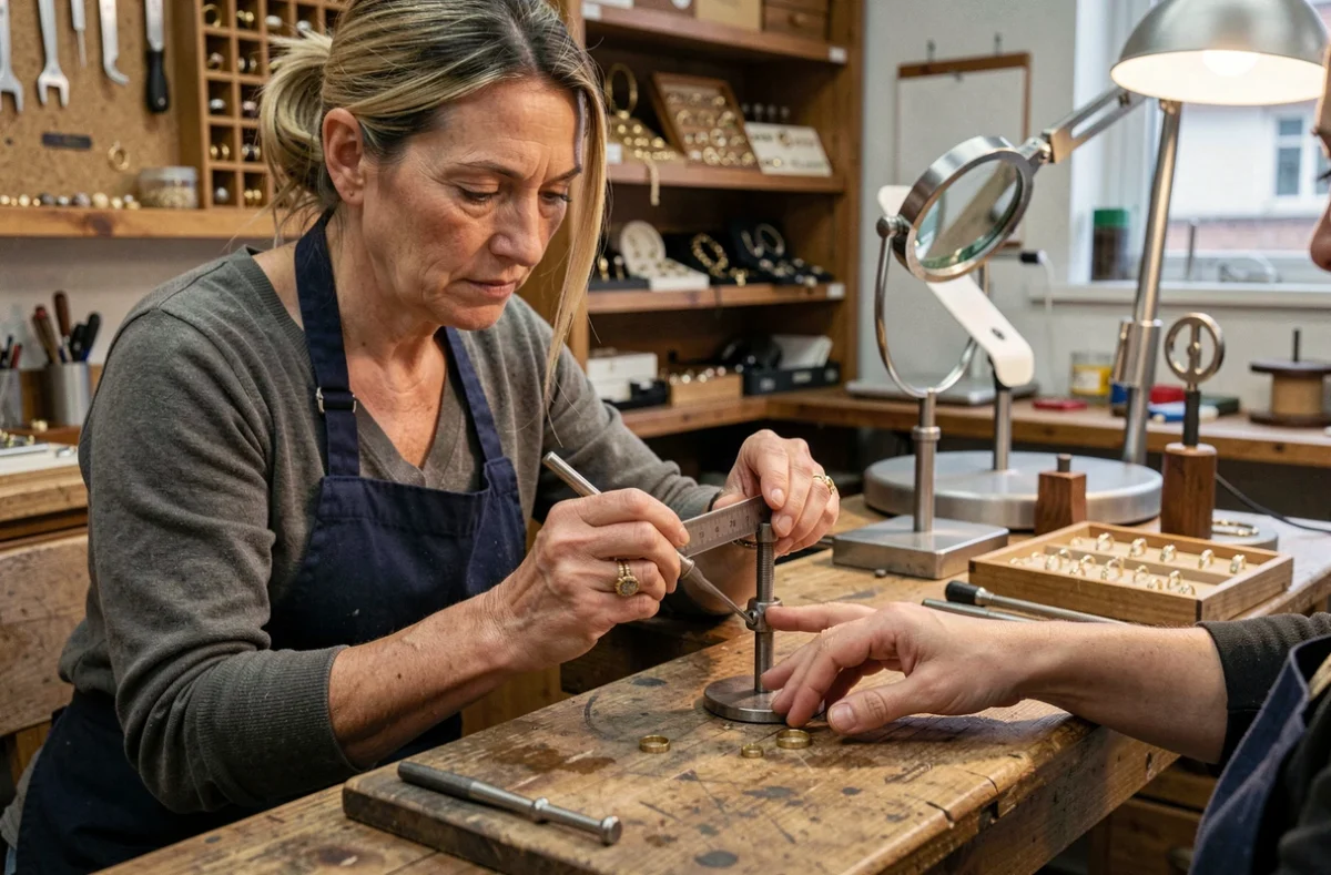 Bijoutière professionnelle mesurant un doigt avec un ancienne bague et un mandrin dans un atelier de joaillerie artisanal