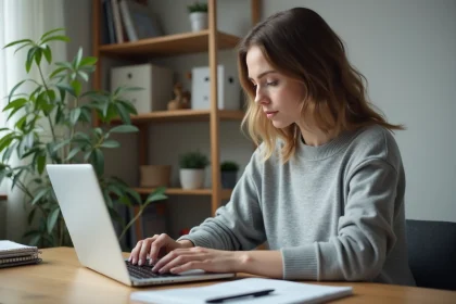 Femme blogueure analysant les statistiques SEO de son blogue sur un ordinateur portable dans un bureau à domicile