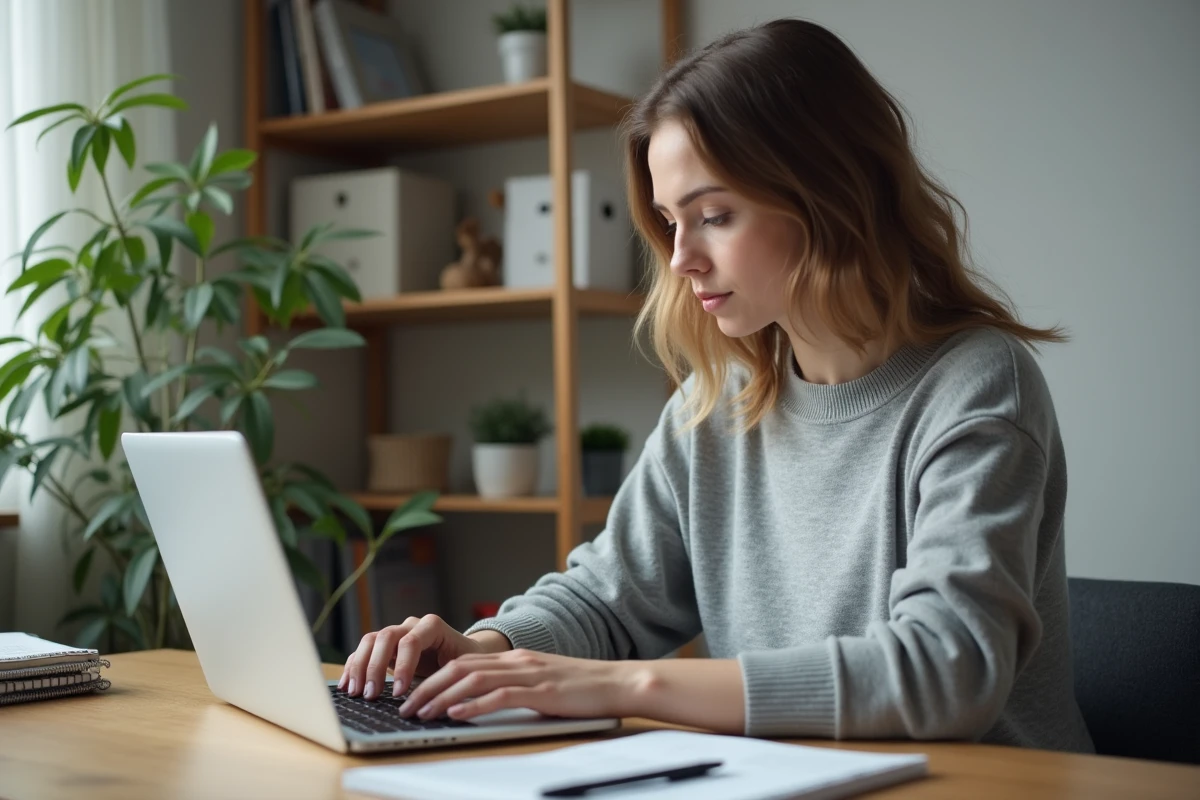 Femme blogueure analysant les statistiques SEO de son blogue sur un ordinateur portable dans un bureau à domicile