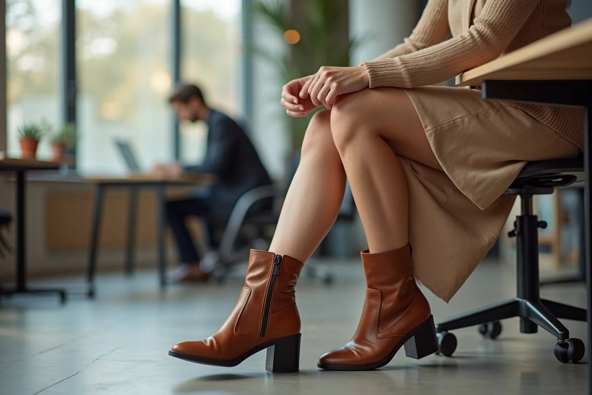 Femme portant des bottes moto élégantes marron au bureau dans un espace de travail moderne, alliant style professionnel et confort moto