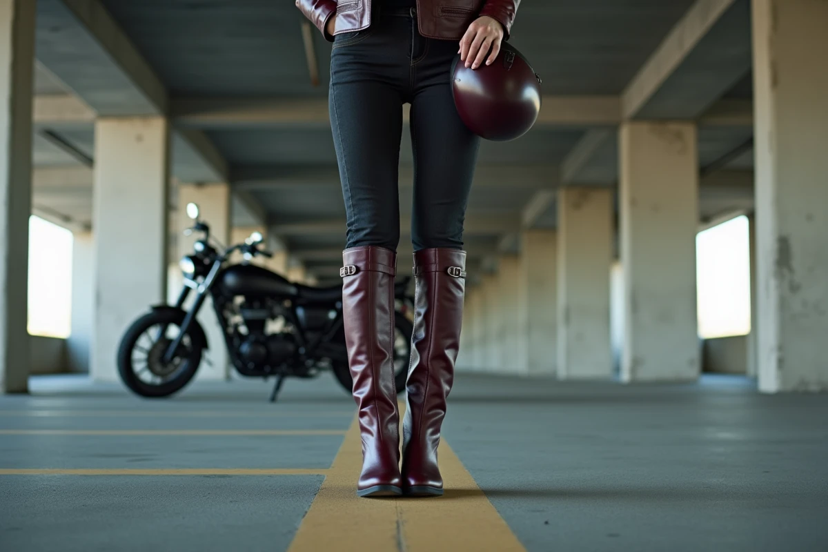 Femme motarde retirant son casque dans un parking urbain, chaussée de bottes moto élégantes bordeaux alliant style et protection