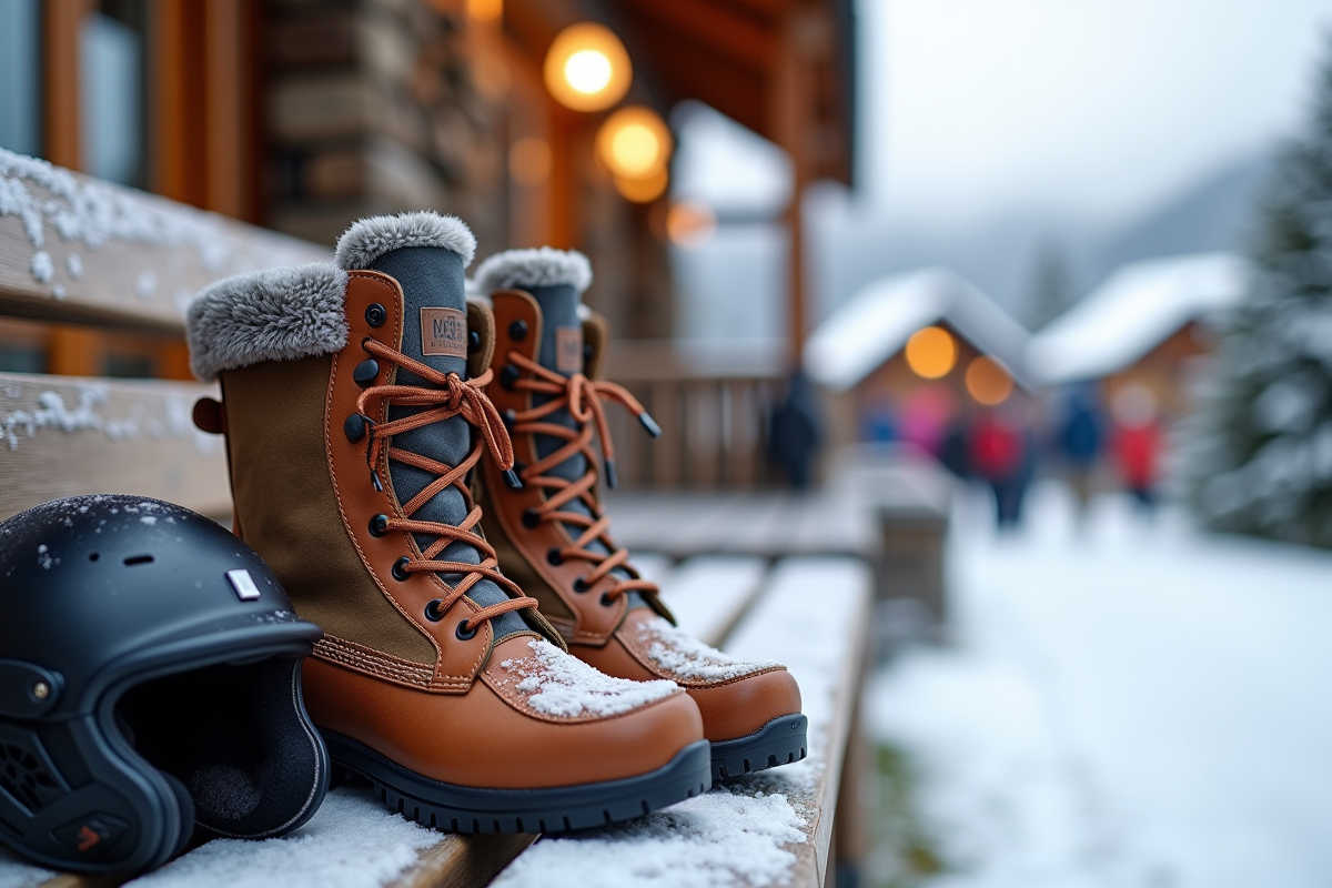 Bottes de ski stylées et gants à côté d