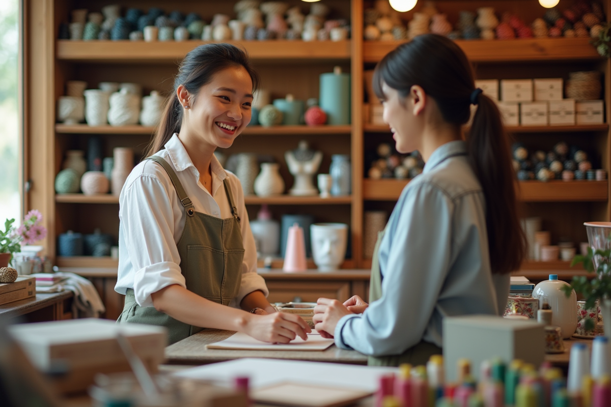 Boutique de couture bien rangée avec vendeuse souriante