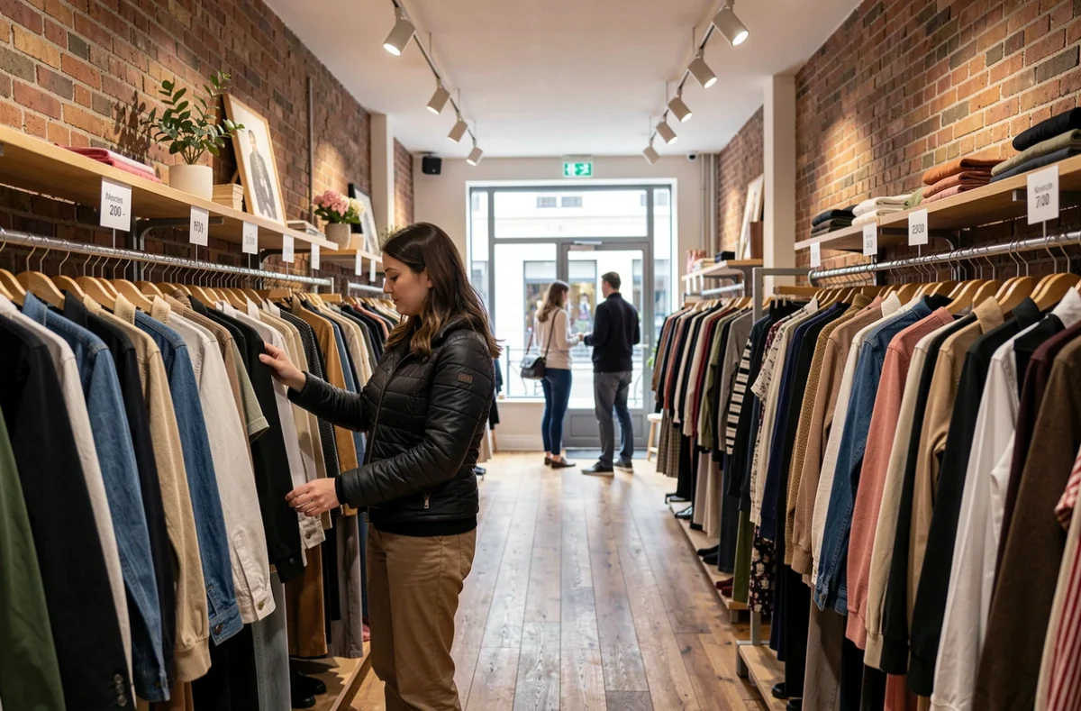 Femme faisant du shopping dans une boutique indépendante alternative à Zara en centre-ville