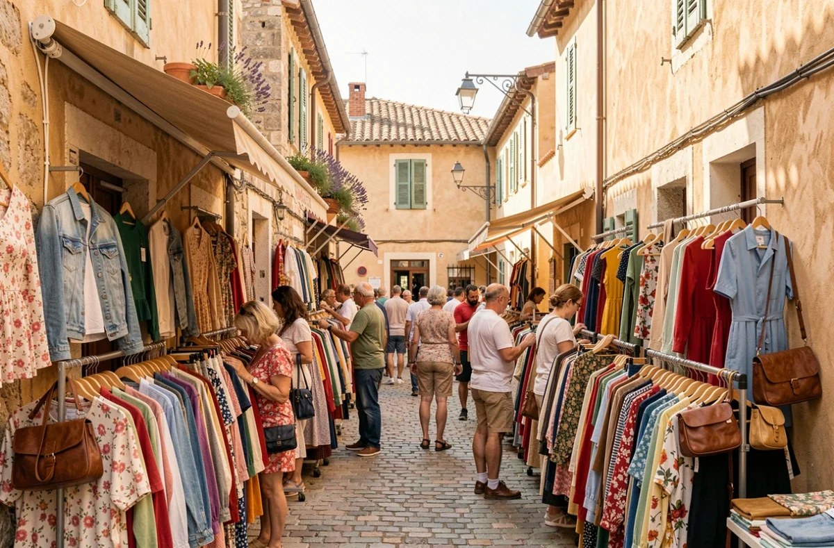 Marché de vêtements vintage dans une ruelle ensoleillée d'Occitanie avec des portants colorés et des façades en pierre ocre