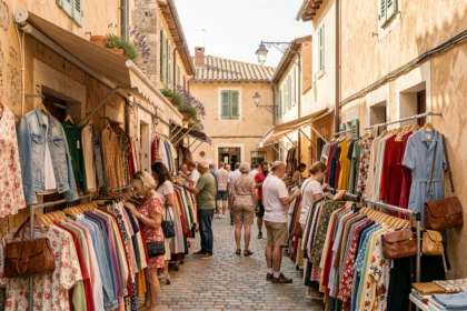 Marché de vêtements vintage dans une ruelle ensoleillée d'Occitanie avec des portants colorés et des façades en pierre ocre
