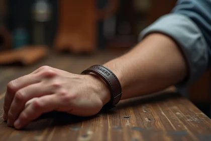 Bracelet en cuir marron foncé pour homme avec initiales gravées posé sur une table en bois, vue macro artisanale