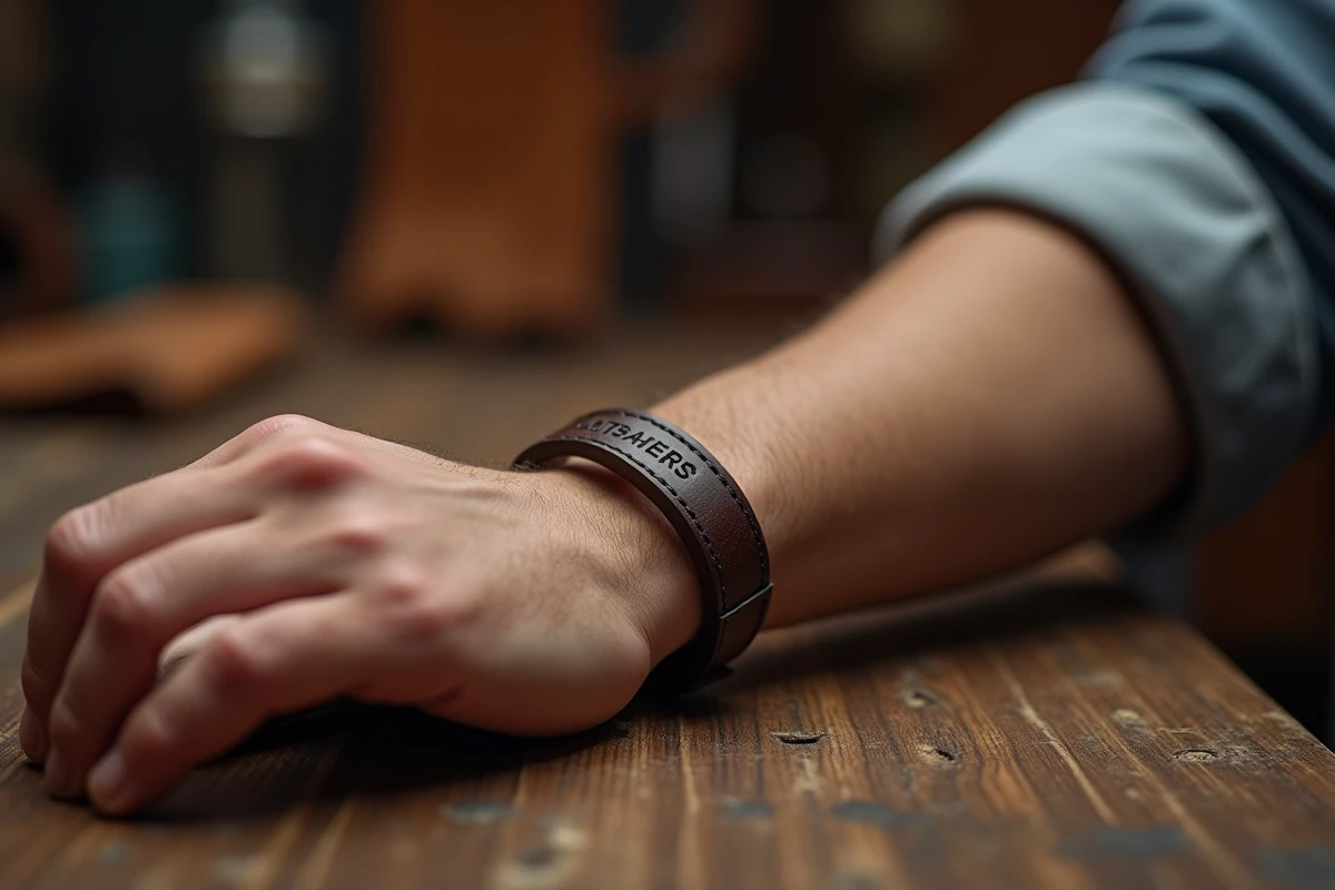 Bracelet en cuir marron foncé pour homme avec initiales gravées posé sur une table en bois, vue macro artisanale