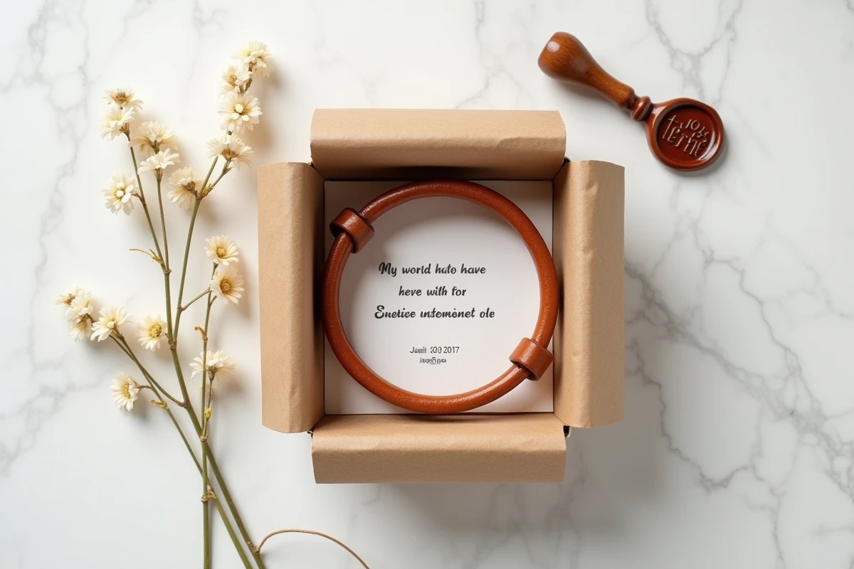 Bracelet en cuir personnalisé beige dans une boîte cadeau kraft avec note manuscrite et date gravée, vue de dessus minimaliste