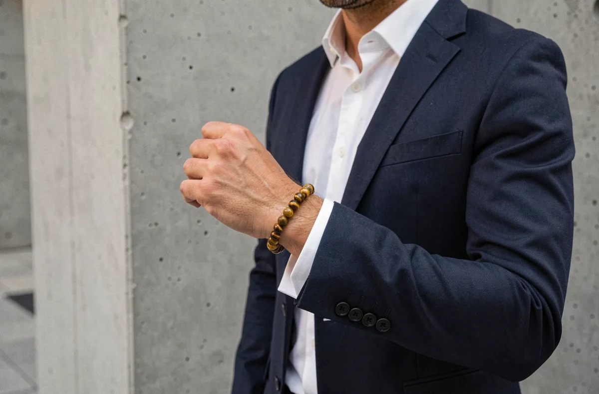 Homme élégant portant un bracelet œil du tigre en perles dorées sur fond urbain béton