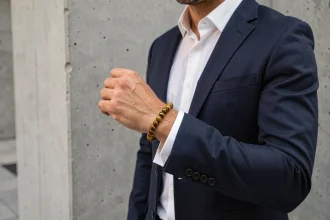 Homme élégant portant un bracelet œil du tigre en perles dorées sur fond urbain béton