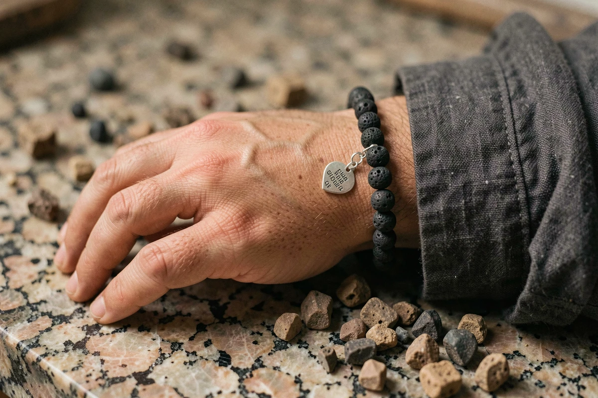 Bracelet en pierres naturelles personnalisé pour homme avec charm gravé en argent sur poignet masculin posé sur granit