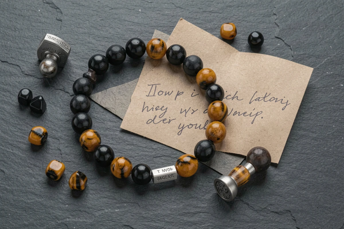 Bracelet pierre naturelle homme personnalisé avec tag gravé et message manuscrit sur ardoise, composition flatlay avec onyx et oeil de tigre