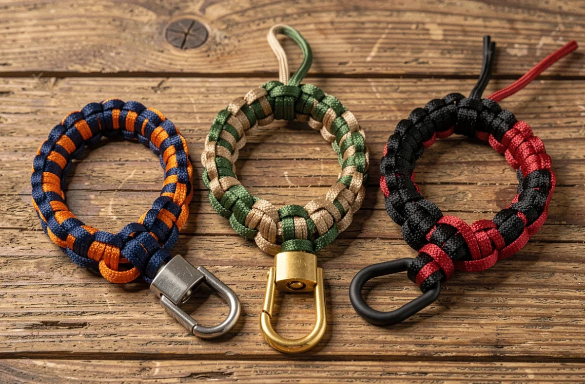 Trois bracelets en paracord personnalisés à motifs différents avec fermoirs variés, vue de dessus sur bois