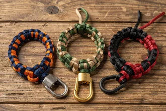 Trois bracelets en paracord personnalisés à motifs différents avec fermoirs variés, vue de dessus sur bois
