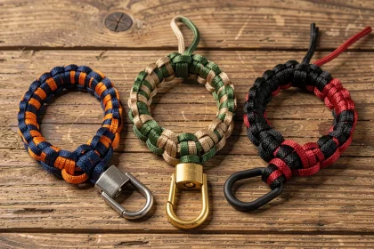 Trois bracelets en paracord personnalisés à motifs différents avec fermoirs variés, vue de dessus sur bois