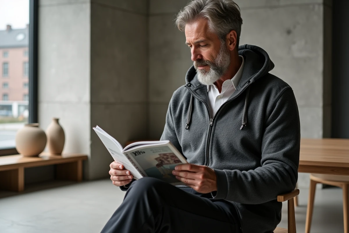 Homme mature au burnous gris en laine dans un showroom design minimaliste contemporain