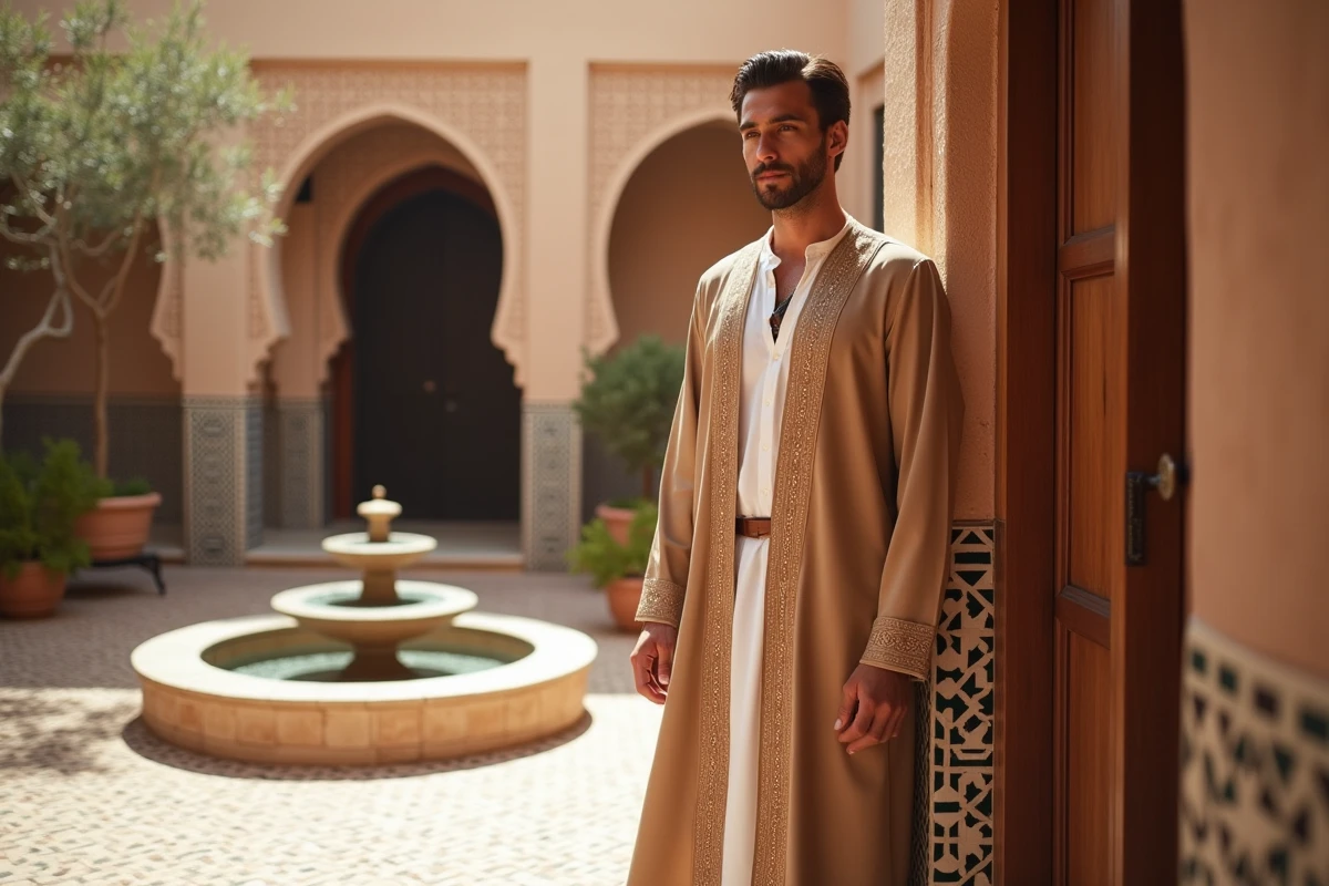 Jeune homme en burnous camel à motifs berbères dans un patio de riad traditionnel marocain