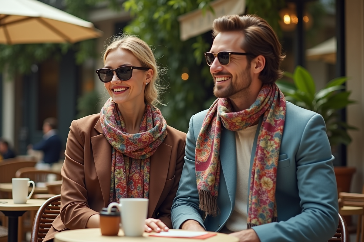 Homme et femme au café avec foulards en soie à Paris