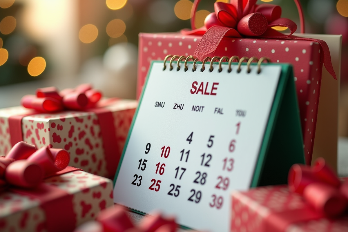 Calendrier avec dates de soldes entouré de cadeaux et sacs de shopping