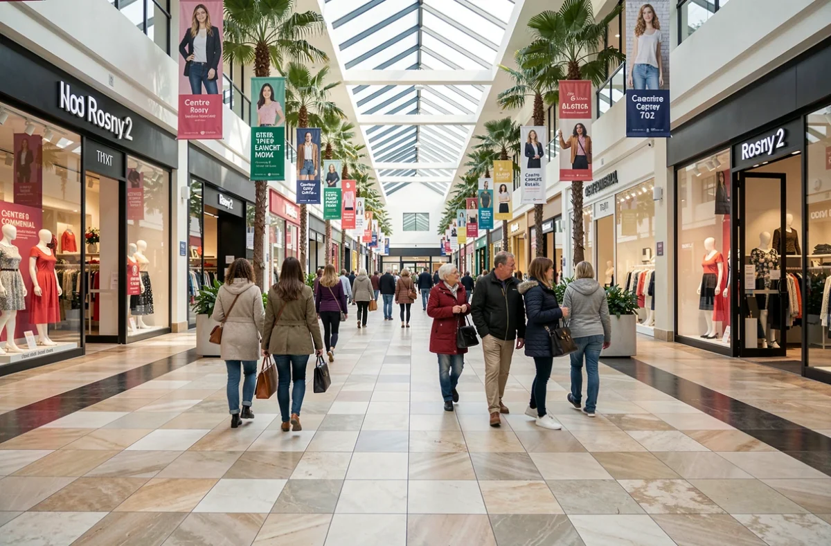 Vue intérieure du Centre Commercial Rosny 2 avec des femmes faisant du shopping devant des boutiques de mode