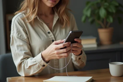 Jeune femme attachant une chaîne fine en métal argenté à son smartphone au quotidien