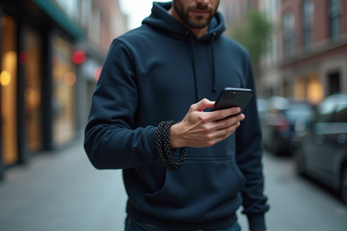 Homme portant une chaîne résistante pour téléphone autour du poignet en ville