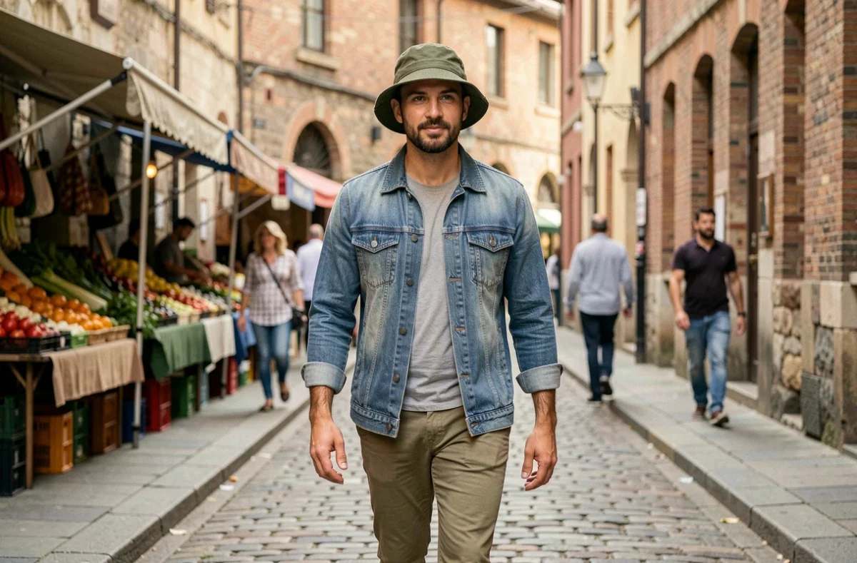 Homme à visage carré en chapeau bob olive kaki au marché le week-end, guide du chapeau homme selon la forme du visage
