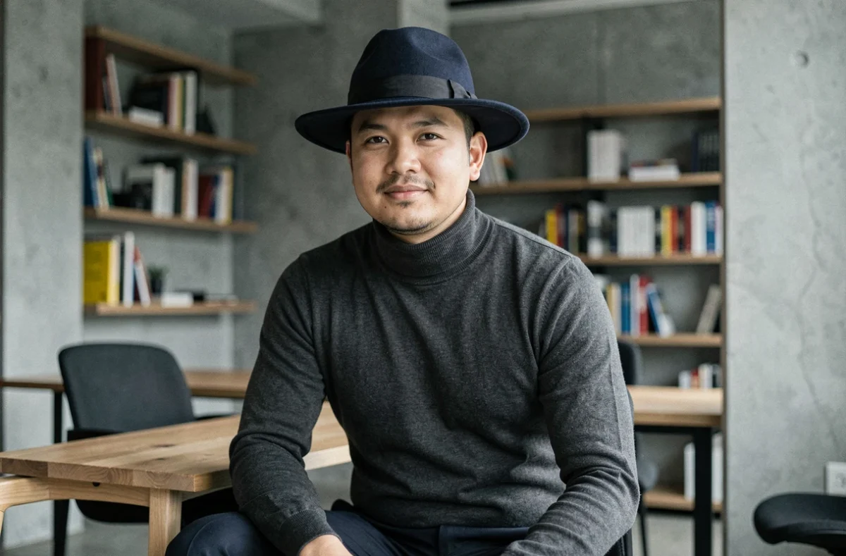 Homme à visage rond portant un fedora marine structuré au bureau, chapeau homme adapté aux visages ronds pour un look professionnel