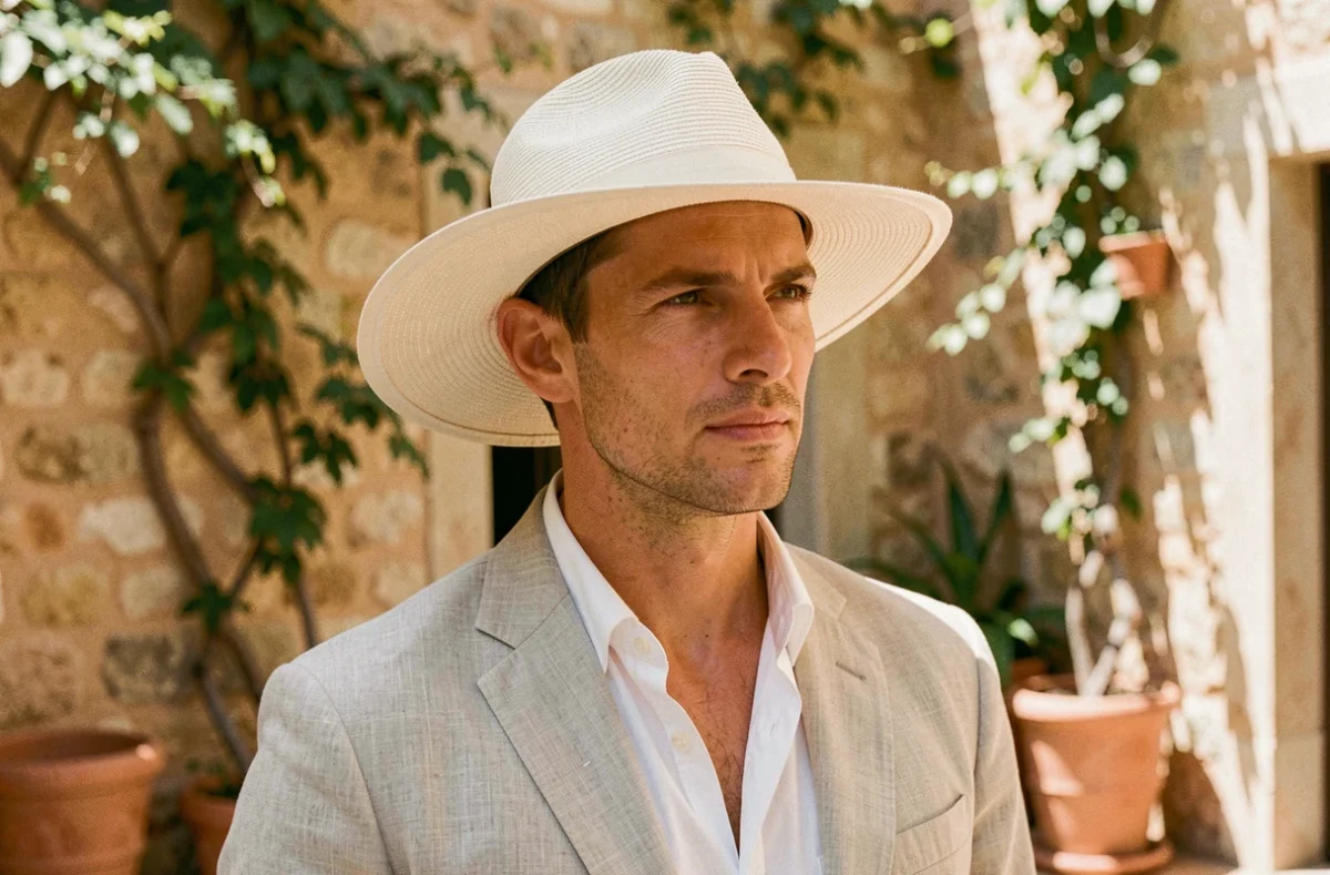 Homme en panama crème et blazer lin dans une cour méditerranéenne, chapeau adapté à son visage ovale pour un mariage en extérieur